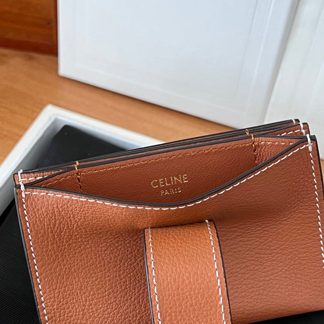 CELINE 25S TRIOMPHE TRIFOLD WALLET 11 IN BROWN CALFSKIN GOLD HARDWARE