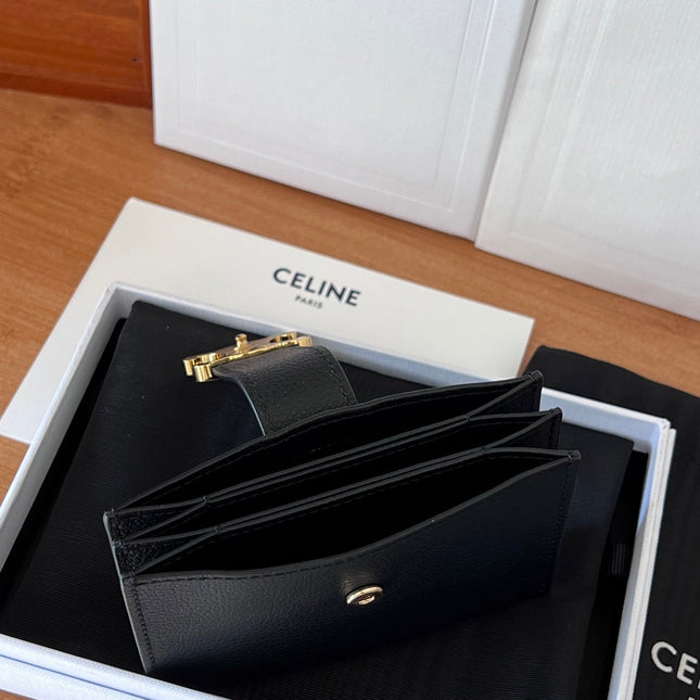 CELINE 25S TRIOMPHE TRIFOLD WALLET 11 IN BLACK CALFSKIN GOLD HARDWARE