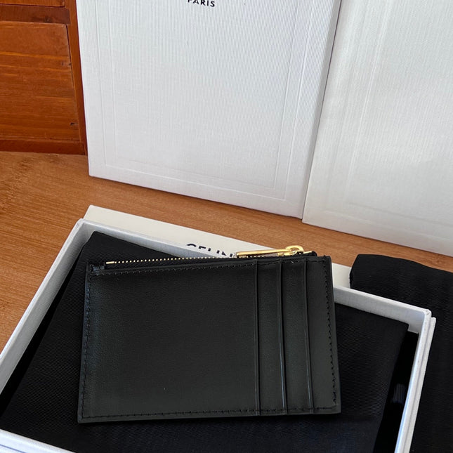 CELINE 25S ZIPPED CARD HOLDER 11 IN BLACK CALFSKIN GOLD HARDWARE