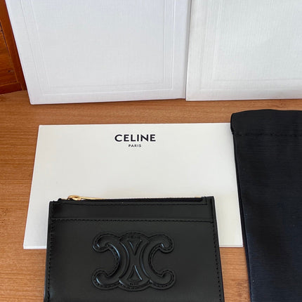 CELINE 25S ZIPPED CARD HOLDER 11 IN BLACK CALFSKIN GOLD HARDWARE