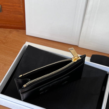 CELINE 25S ZIPPED CARD HOLDER 11 IN BLACK CALFSKIN GOLD HARDWARE