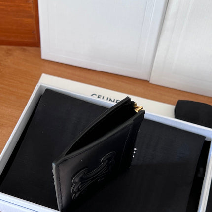 CELINE 25S ZIPPED CARD HOLDER 11 IN BLACK CALFSKIN GOLD HARDWARE