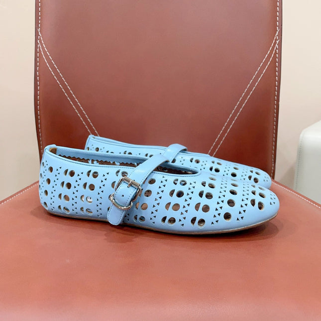 ALAIA HOLLOW BALLET FLAT IN SKY BLUE LAMBSKIN