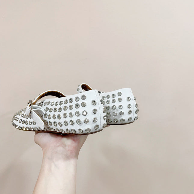 ALAIA MARY JANE SHOES IN WHITE LAMBKIN ATTACH RHINSTONES