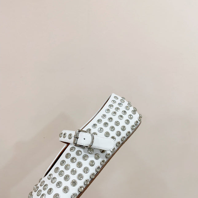 ALAIA MARY JANE SHOES IN WHITE LAMBKIN ATTACH RHINSTONES