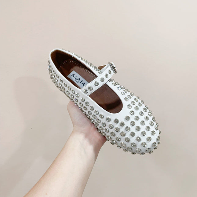 ALAIA MARY JANE SHOES IN WHITE LAMBKIN ATTACH RHINSTONES