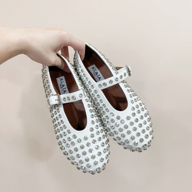 ALAIA MARY JANE SHOES IN WHITE LAMBKIN ATTACH RHINSTONES