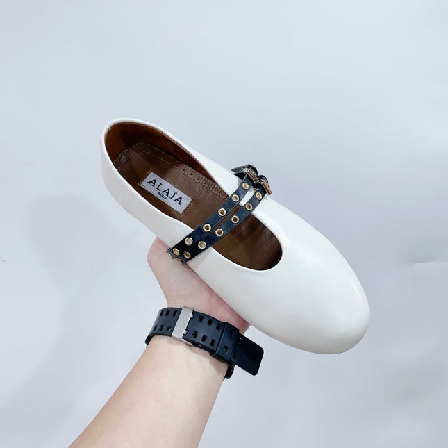 ALAIA MARY JANE SHOES IN WHITE LAMBSKIN WITH GOLD HARDWARE