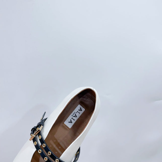 ALAIA MARY JANE SHOES IN WHITE LAMBSKIN WITH GOLD HARDWARE