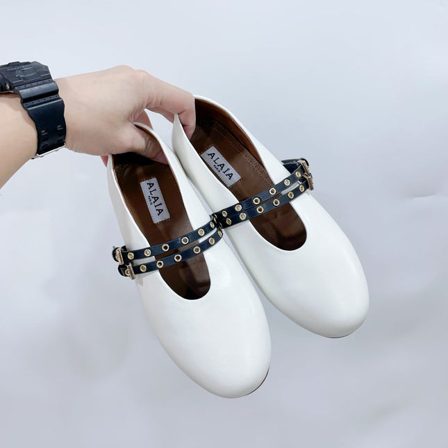 ALAIA MARY JANE SHOES IN WHITE LAMBSKIN WITH GOLD HARDWARE