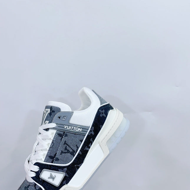 LV TRAINER SNEAKER IN DOVE GRAY MONOGRAM DENIM