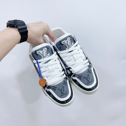 LV TRAINER SNEAKER IN DOVE GRAY MONOGRAM DENIM