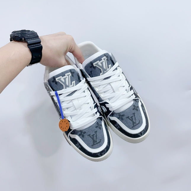 LV TRAINER SNEAKER IN DOVE GRAY MONOGRAM DENIM