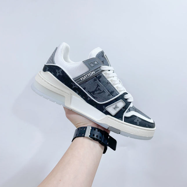 LV TRAINER SNEAKER IN DOVE GRAY MONOGRAM DENIM