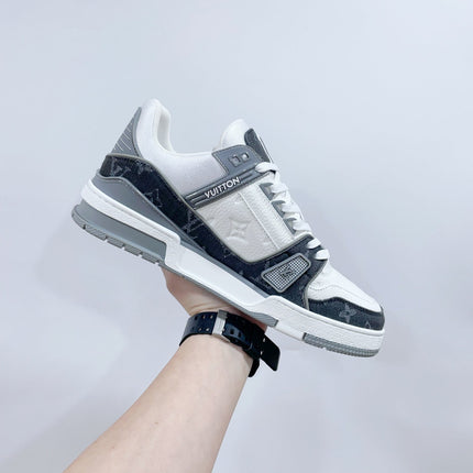 LV TRAINER SNEAKER IN WHITE CALFSKIN AND BLACK MONOGRAM DENIM