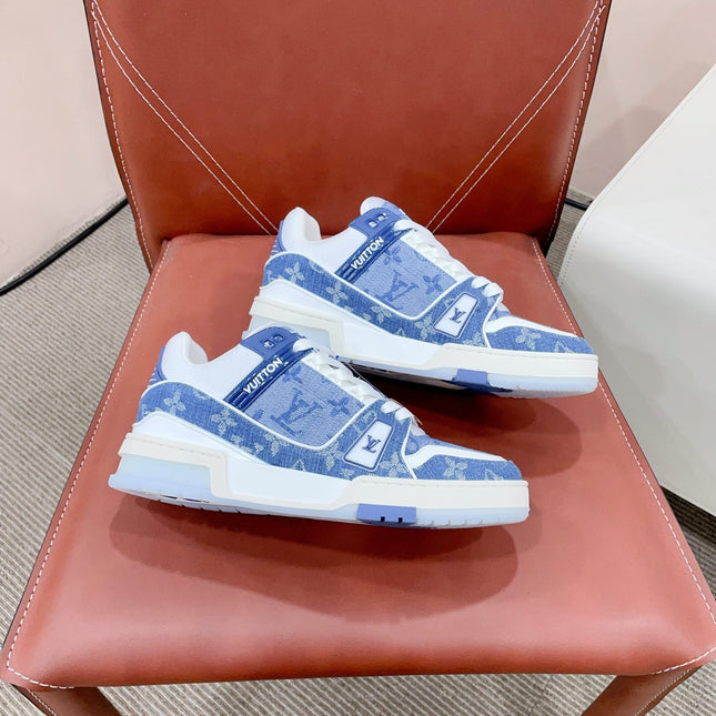 LV TRAINER SNEAKER IN CERULEAN BLUE MONOGRAM DENIM