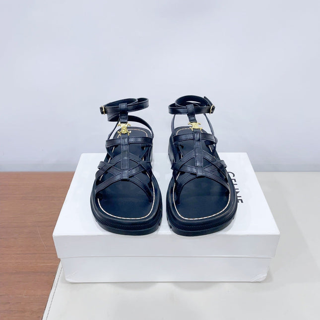 CLEA TRIOMPHE STRAPPY SANDAL IN BLACK CALFSKIN
