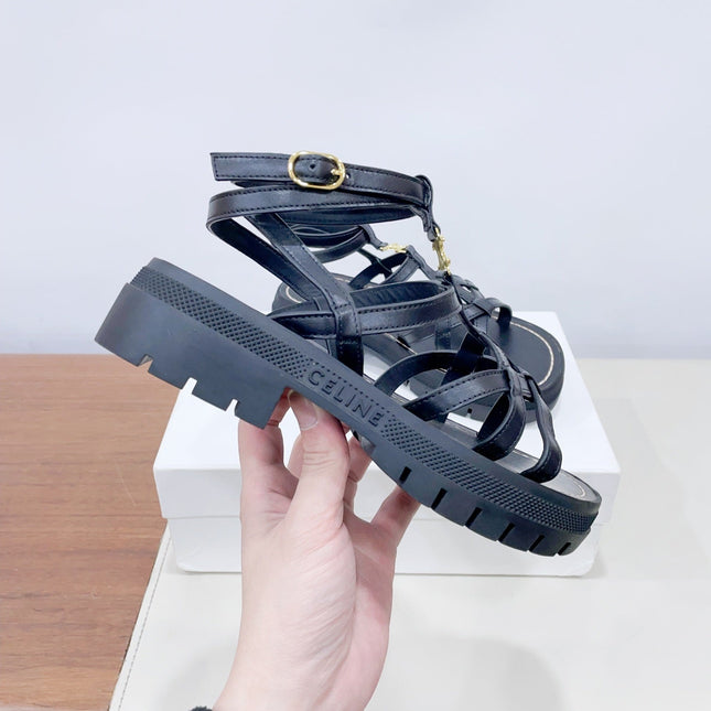 CLEA TRIOMPHE STRAPPY SANDAL IN BLACK CALFSKIN
