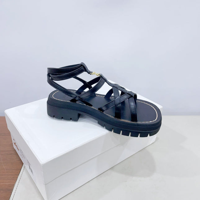 CLEA TRIOMPHE STRAPPY SANDAL IN BLACK CALFSKIN