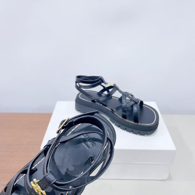 CLEA TRIOMPHE STRAPPY SANDAL IN BLACK CALFSKIN