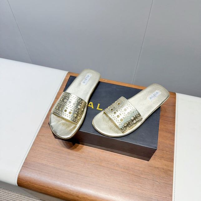 ALAIA FLAT SANDALS WITH PERFORATED STRAPS 25S IN GOLD LAMBSKIN