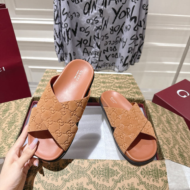 GG SLIDES IN BURNT ORANGE SUEDE WITH EMBOSSED LOGO STYLE 11