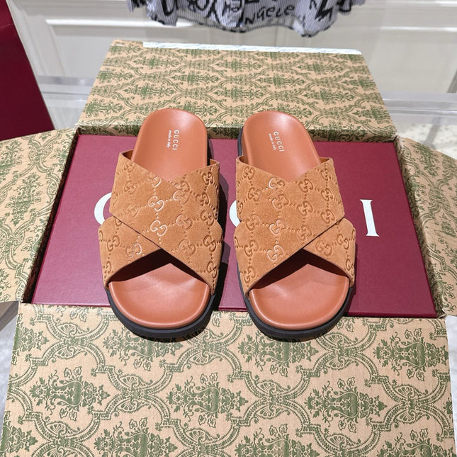 GG SLIDES IN BURNT ORANGE SUEDE WITH EMBOSSED LOGO STYLE 11