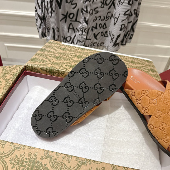 GG SLIDES IN BURNT ORANGE SUEDE WITH EMBOSSED LOGO STYLE 11