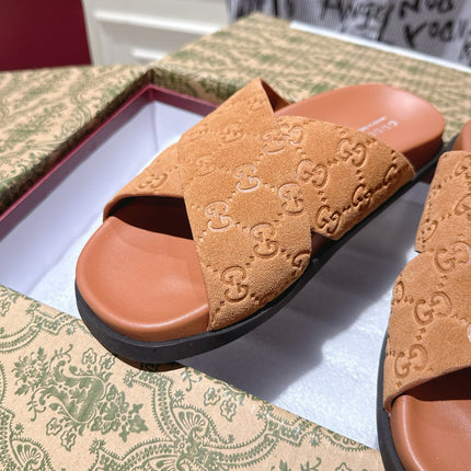 GG SLIDES IN BURNT ORANGE SUEDE WITH EMBOSSED LOGO STYLE 11