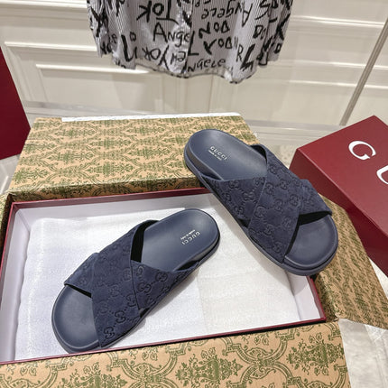GG SLIDES IN NAVY BLUE SUEDE WITH EMBOSSED LOGO STYLE 10