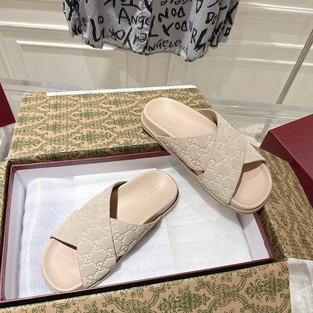 GG SLIDES IN NUDE BEIGE SUEDE WITH EMBOSSED LOGO STYLE 7