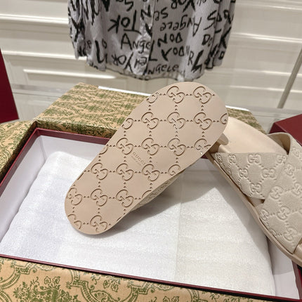 GG SLIDES IN NUDE BEIGE SUEDE WITH EMBOSSED LOGO STYLE 7
