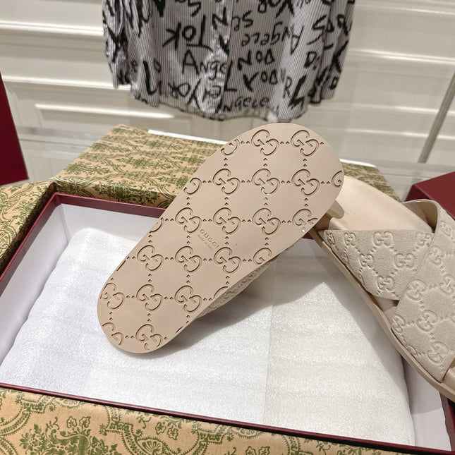 GG SLIDES IN NUDE BEIGE SUEDE WITH EMBOSSED LOGO STYLE 7