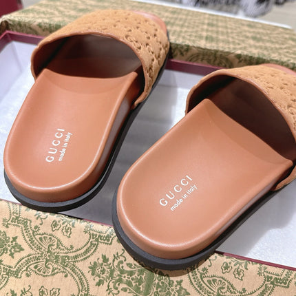 GG SLIDES IN BURNT ORANGE SUEDE WITH EMBOSSED LOGO STYLE 5
