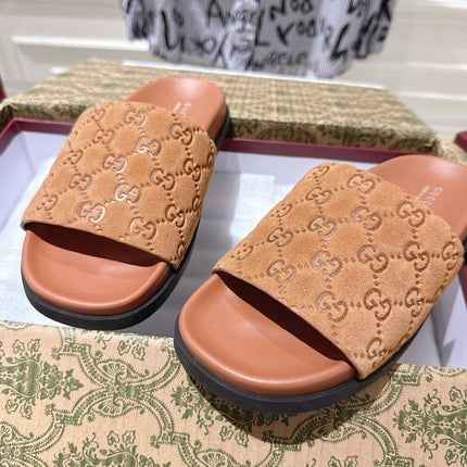 GG SLIDES IN BURNT ORANGE SUEDE WITH EMBOSSED LOGO STYLE 5