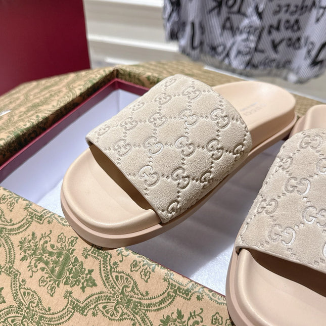 GG SLIDES IN NUDE BEIGE SUEDE WITH EMBOSSED LOGO STYLE 2