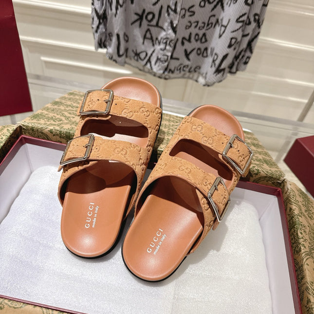 SANDALS IN BURNT ORANGE SUEDE EMBOSSED LOGO SILVER HARDWARE