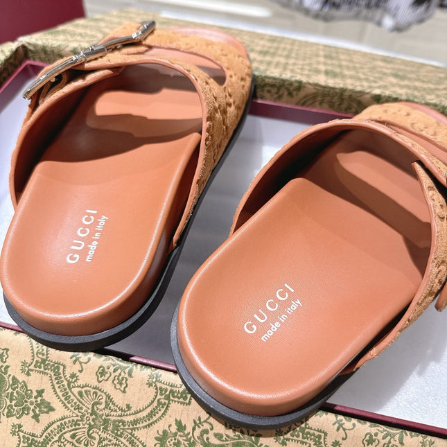 SANDALS IN BURNT ORANGE SUEDE EMBOSSED LOGO SILVER HARDWARE