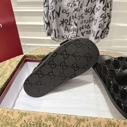 SANDALS IN BLACK SUEDE EMBOSSED LOGO SILVER HARDWARE