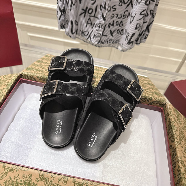 SANDALS IN BLACK SUEDE EMBOSSED LOGO SILVER HARDWARE