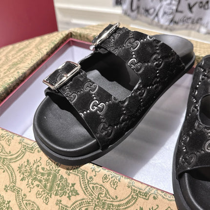 SANDALS IN BLACK SUEDE EMBOSSED LOGO SILVER HARDWARE