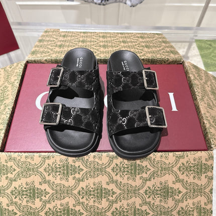 SANDALS IN BLACK SUEDE EMBOSSED LOGO SILVER HARDWARE