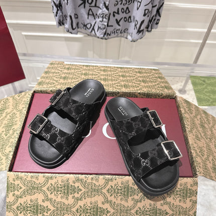 SANDALS IN BLACK SUEDE EMBOSSED LOGO SILVER HARDWARE