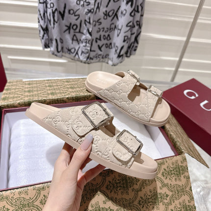 SANDALS IN NUDE BEIGE SUEDE EMBOSSED LOGO SILVER HARDWARE