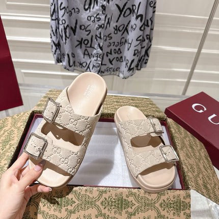 SANDALS IN NUDE BEIGE SUEDE EMBOSSED LOGO SILVER HARDWARE