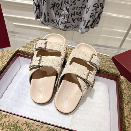 SANDALS IN NUDE BEIGE SUEDE EMBOSSED LOGO SILVER HARDWARE