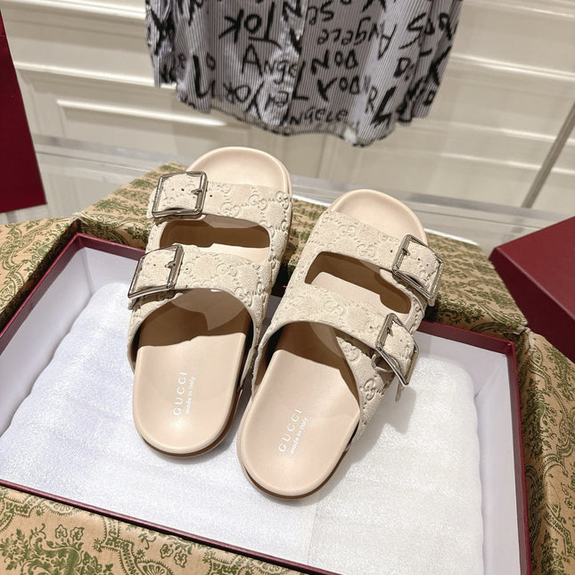 SANDALS IN NUDE BEIGE SUEDE EMBOSSED LOGO SILVER HARDWARE