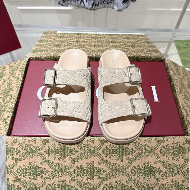 SANDALS IN NUDE BEIGE SUEDE EMBOSSED LOGO SILVER HARDWARE