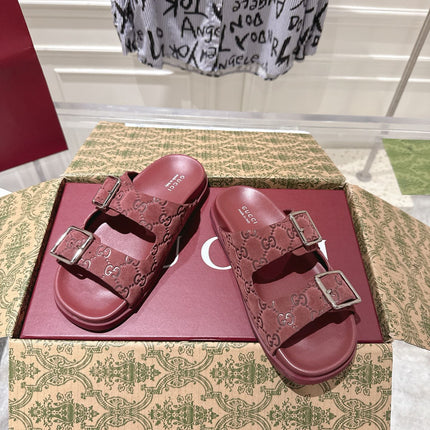 SANDALS IN NAVY RED SUEDE EMBOSSED LOGO SILVER HARDWARE