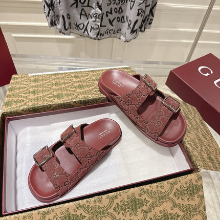 SANDALS IN NAVY RED SUEDE EMBOSSED LOGO SILVER HARDWARE